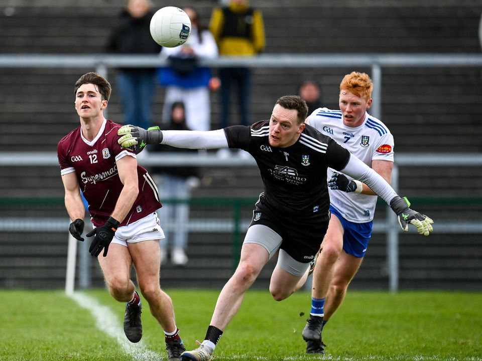 Goalkeeper Rory Beggan, in action against Cathal Sweeney of Galway, was Monaghan's top scorer against the Tribesmen. Photo: Seb Daly/Sportsfile