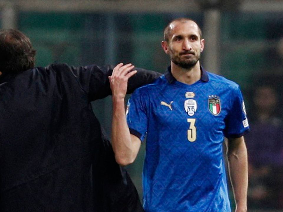 Italy's Giorgio Chiellini looks dejected after the match. Photo: Reuters