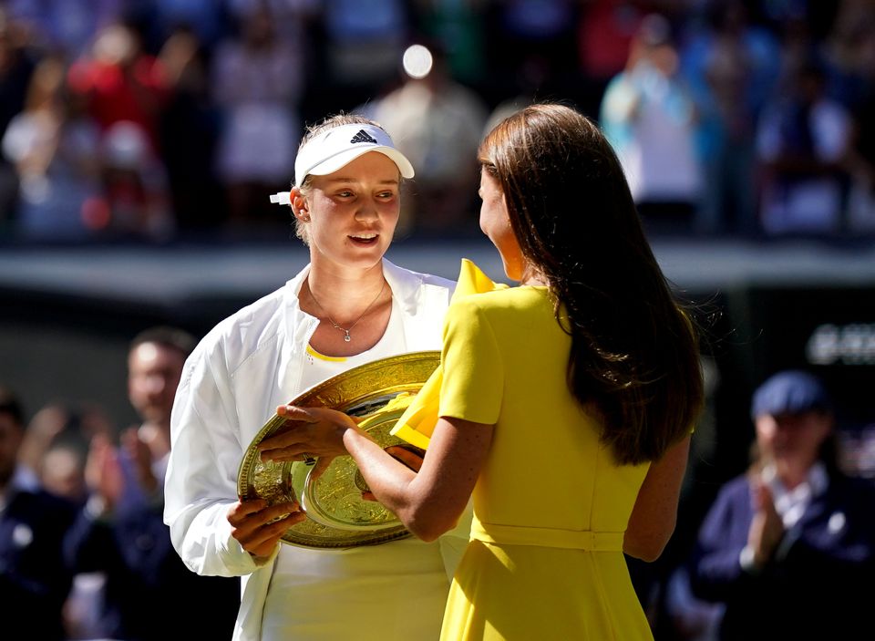 Elena Rybakina is presented with the The Venus Rosewater Dish by The Duchess of Cambridge following victory over Ons Jabeur in The Final of the Ladies' Singles on day thirteen of the 2022 Wimbledon Championships at the All England Lawn Tennis and Croquet Club, Wimbledon. Picture date: Saturday July 9, 2022.