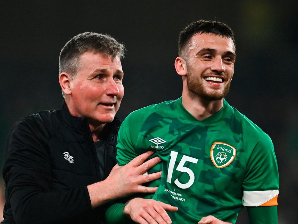 Stephen Kenny with Troy Parrott last month after the last-minute winner against Lithuania. Photo: Sportsfile