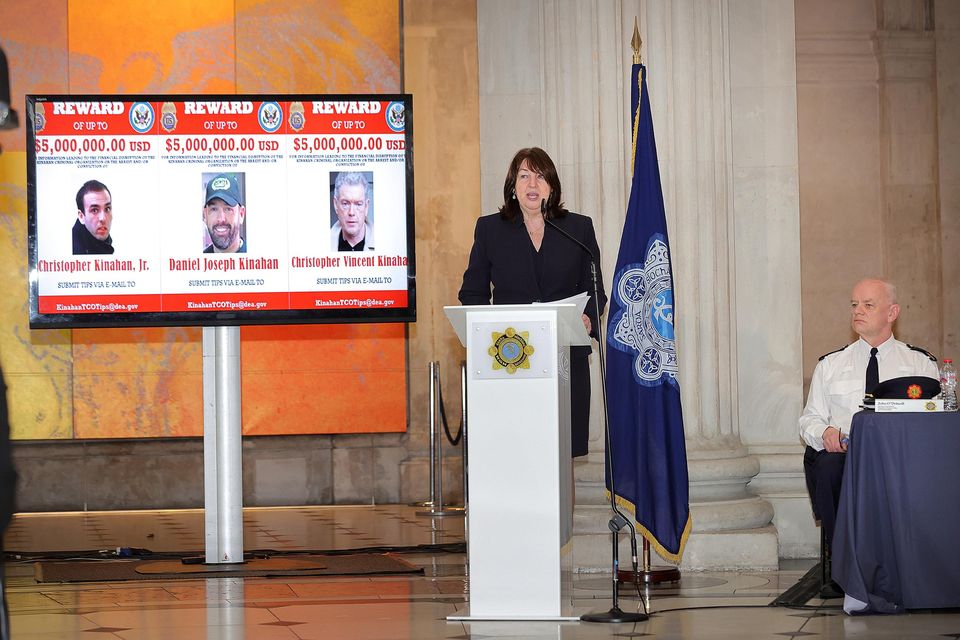 The US ambassador Claire Cronin announces a reward up to $15m for information leading to the dismantling of the Kinahan cartel last month. Photo: Frank McGrath