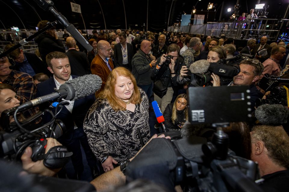Alliance Party leader Naomi Long at the Titanic Exhibition Centre in Belfast speaking with media after she was returned as an MLA for the Northern Ireland Assembly (Liam McBurney/PA)