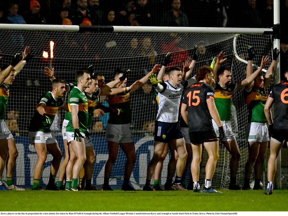 25 February 2023; Kerry players on the line in preperation for a last minute free taken by Rían O'Neill of Armagh during the Allianz Football League Division 1 match between Kerry and Armagh at Austin Stack Park in Tralee, Kerry. Photo by Eóin Noonan/Sportsfile