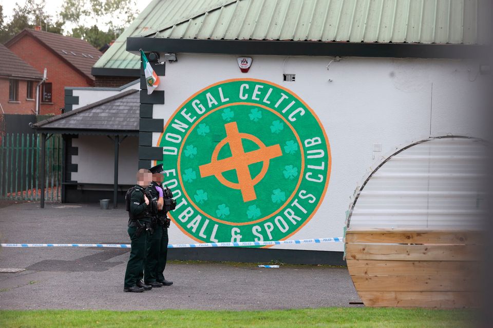 Officers from the PSNI at the scene of a shooting at the clubhouse of Donegal Celtic Football Club, in west Belfast. Liam McBurney/PA Wire