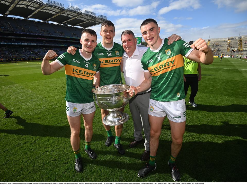 24 July 2022; Kerry county board chairman Patrick O'Sullivan clelebrates with players, from left, Tom O'Sullivan, David Clifford and Seán O'Shea and the Sam Maguire Cup after the GAA Football All-Ireland Senior Championship Final match between Kerry and Galway at Croke Park in Dublin. Photo by Stephen McCarthy/Sportsfile