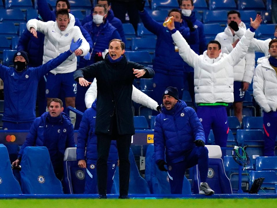 Chelsea manager Thomas Tuchel celebrates during the UEFA Champions League Semi Final second leg match at Stamford Bridge