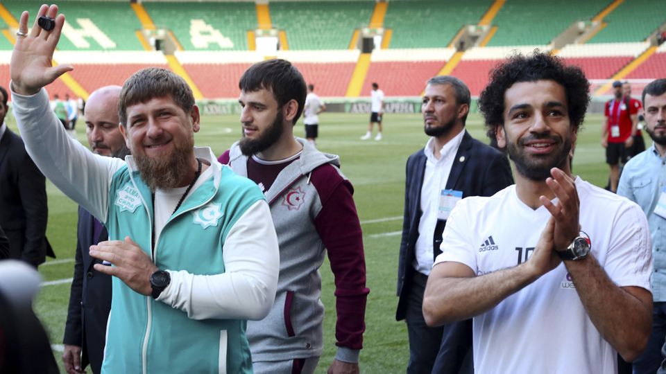 Mohamed Salah, right, and Chechnya’s regional leader Ramzan Kadyrov. (AP)