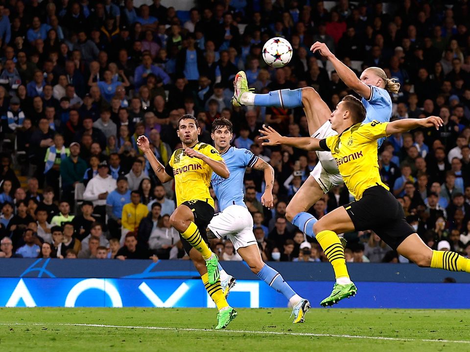 Manchester City’s Erling Haaland scores an acrobatic goal during the Champions League win over Borussia Dortmund at the Etihad Stadium. Photo: Reuters