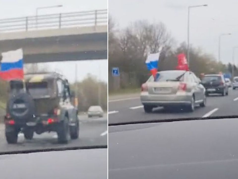 Cars with Russian flags and pro-war symbols drove up the M50 on Sunday afternoon