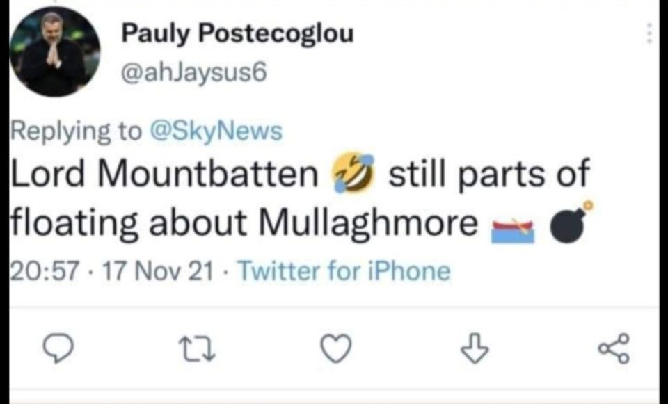 Another sectarian tweet pokes fun at the death of Lord Mountbatten. Lady Brabourne and two children were also killed in the IRA blast.