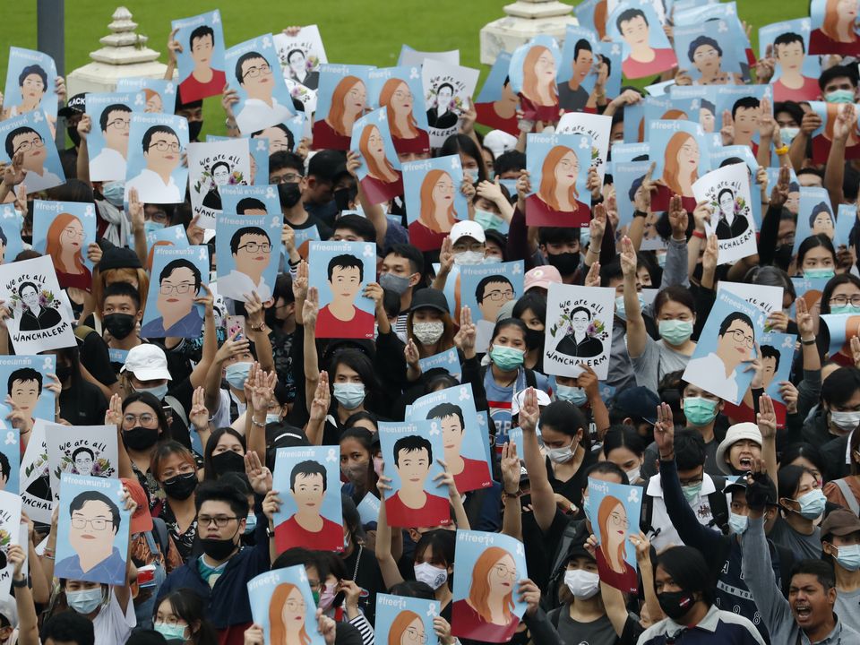 Pro-democracy demonstrators at Victory Monument in Bangkok (Sakchai Lalit/AP)