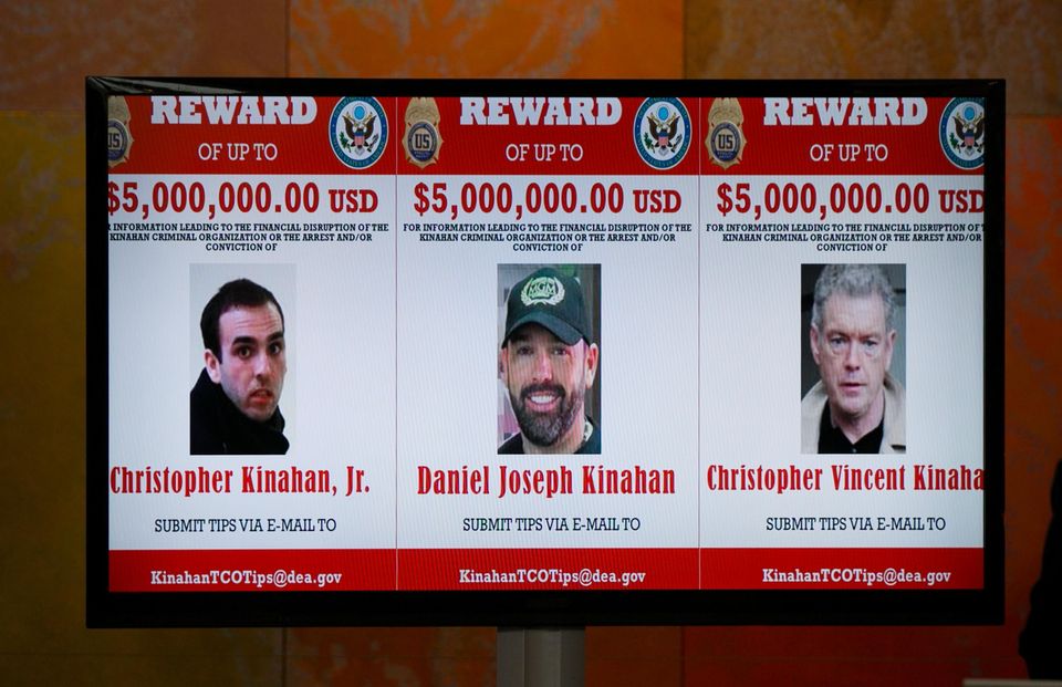 A wanted poster of Christopher Kinahan Jnr , Daniel Kinahan and Christopher Vincent Kinahan