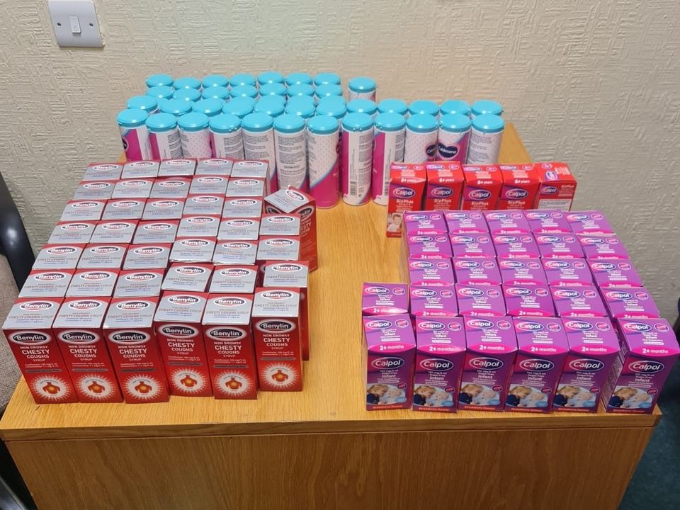 Gardaí discovered a haul of Calpol, Benylin, and Caldesene after they pulled the car over
