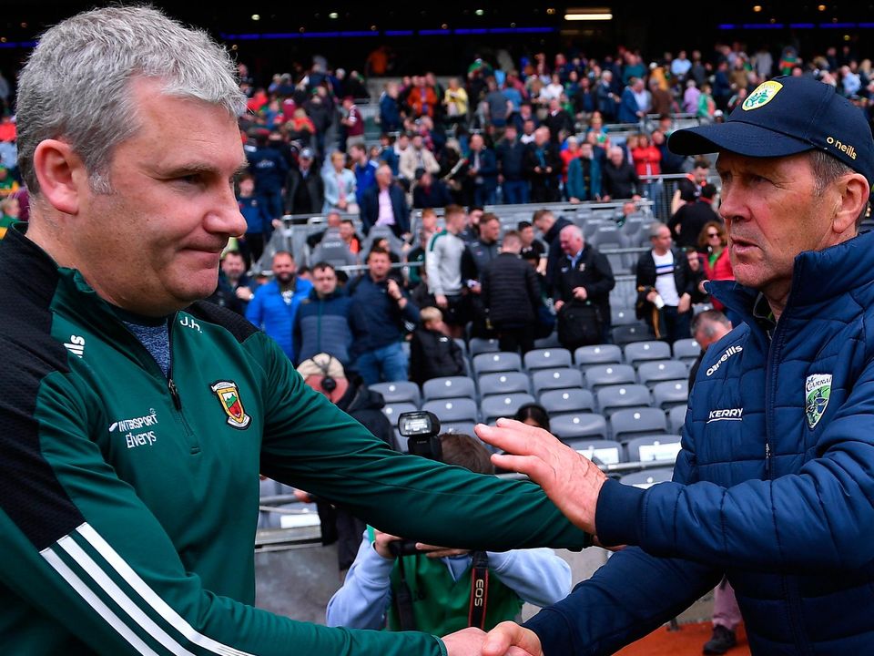 Mayo manager James Horan, left, and Kerry boss Jack O'Connor shake hands after the quarter-final. Photo: Piaras Ó Mídheach/Sportsfile