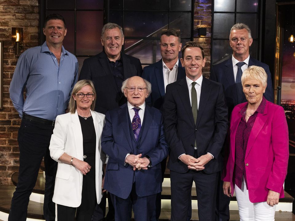 President Michael D Higgins and Ryan Tubridy are pictured with Irish footballing legends Niall Quinn, Packie Bonner, Shay Given, David O’Leary, Olivia O’Toole and Paula Gorham. Picture: Andres Poveda
