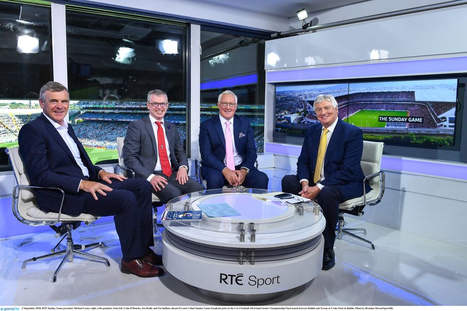2 September 2018; RTÉ Sunday Game presenter Michael Lyster, right, with panalists, from left, Colm O'Rourke, Joe Brolly and Pat Spillane ahead of Lyster's final Sunday Game broadcast prior to the GAA Football All-Ireland Senior Championship Final match between Dublin and Tyrone at Croke Park in Dublin. Photo by Brendan Moran/Sportsfile
