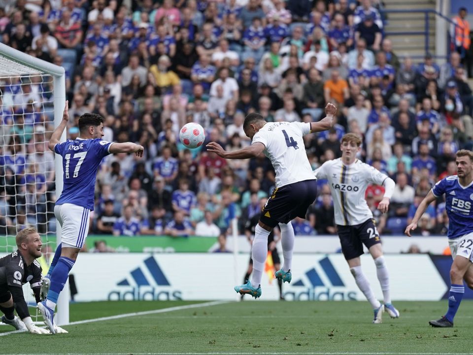 Everton’s Mason Holgate scores against Leicester (Nick Potts/PA)