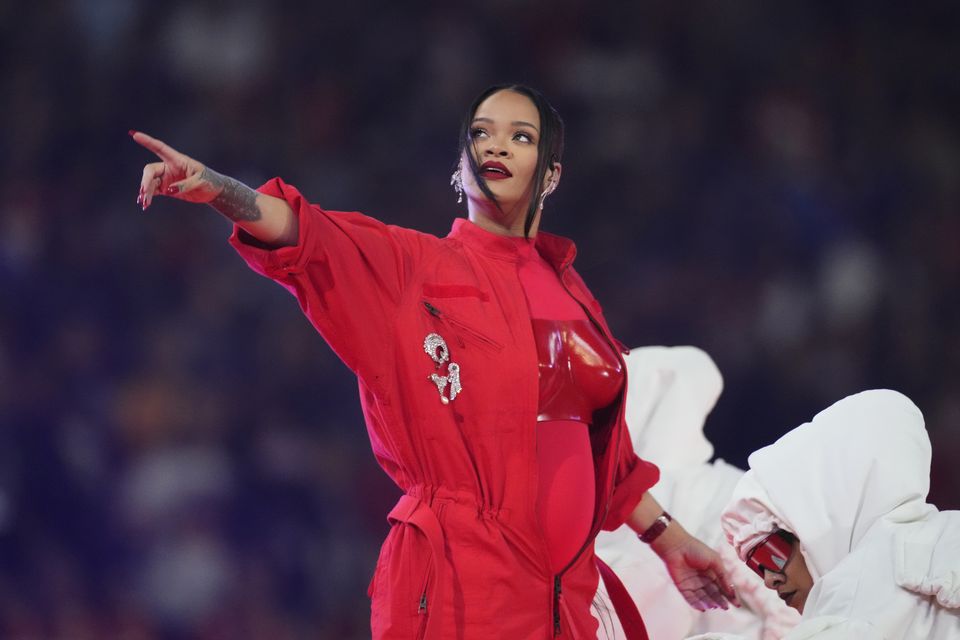 Rihanna performs during the halftime show at the NFL Super Bowl 57 football game between the Kansas City Chiefs and the Philadelphia Eagles (Ross D. Franklin/AP)