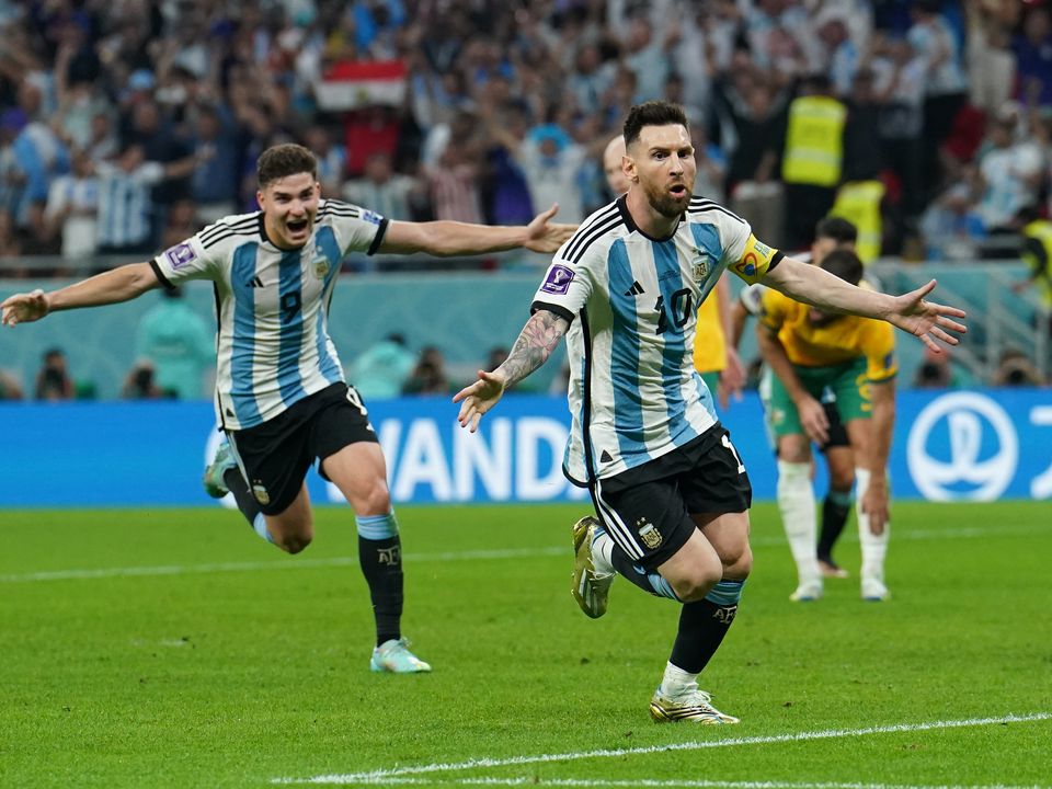 Argentina's Lionel Messi celebrates scoring their side's first goal of the game during the FIFA World Cup round of 16 match at the Ahmad Bin Ali Stadium in Al Rayyan, Qatar. Picture date: Saturday December 3, 2022.