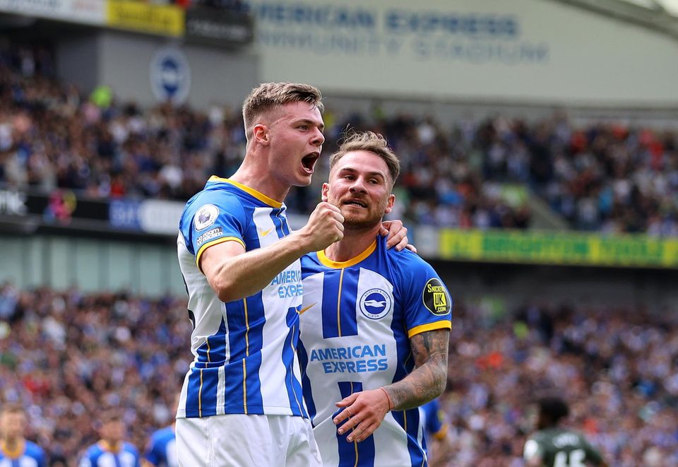 Evan Ferguson of Brighton & Hove Albion celebrates with former teammate Alexis Mac Allister after scoring during the Premier League clash against Southampton at American Express  Community  Stadium last month