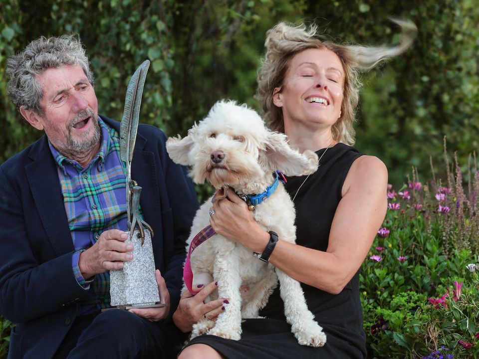 Charlie Bird pictured with his wife Claire and dog Tiger at Wicklow Council Buildings where he received The Freedom of the County.   Picture; Gerry Mooney