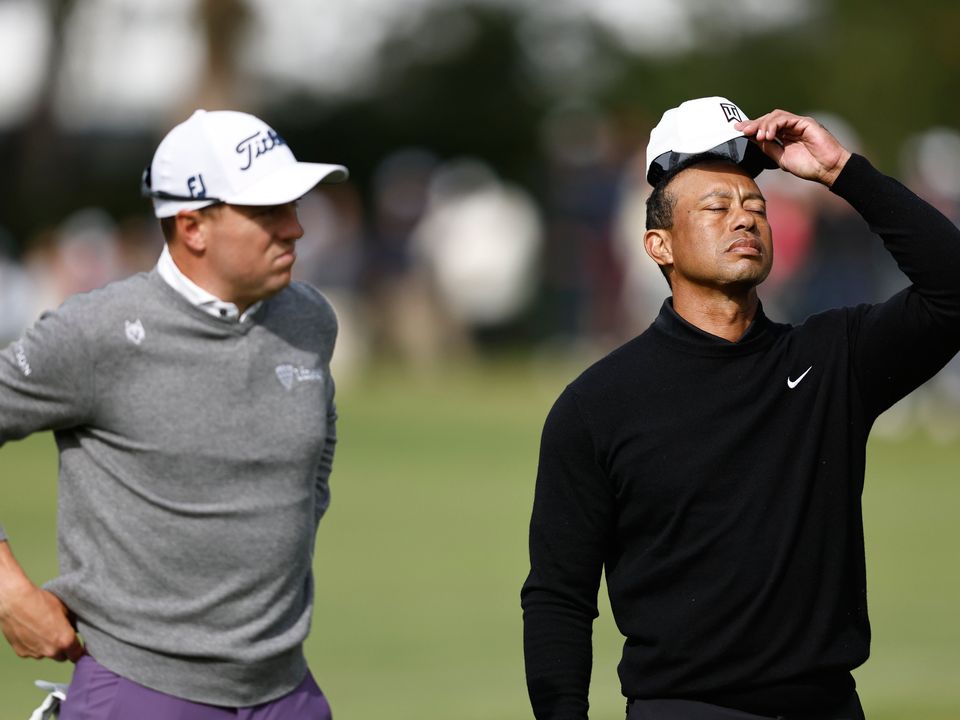 Tiger Woods, right, with Justin Thomas during the second round of the The Genesis Invitational. Photo by Michael Owens/Getty Images
