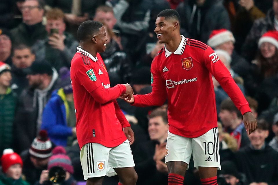 Man United's Marcus Rashford (right) celebrates his goal in the Carabao Cup victory over Burnley. Photo: PA