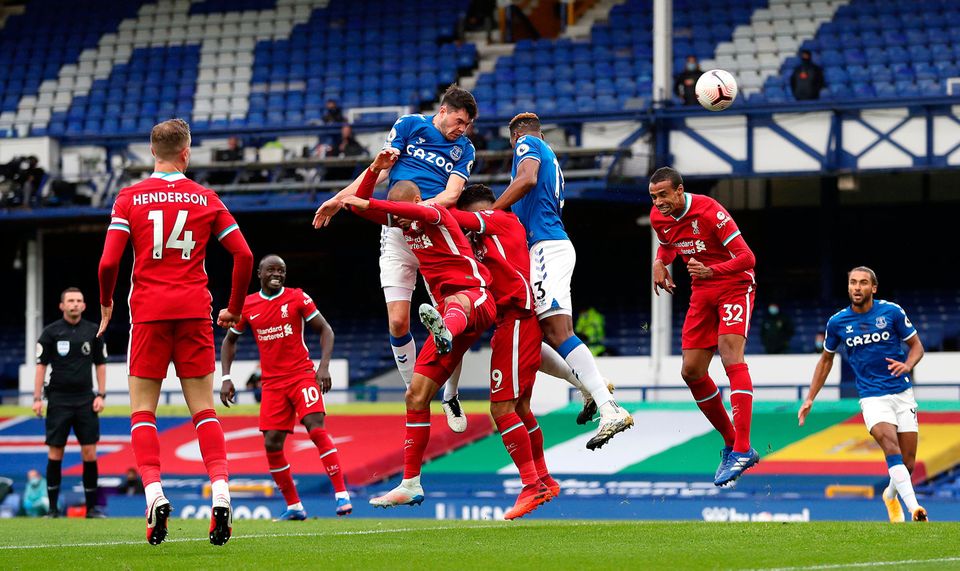 Everton's Michael Keane scores his side's first goal of the game during the Premier League match at Goodison Park