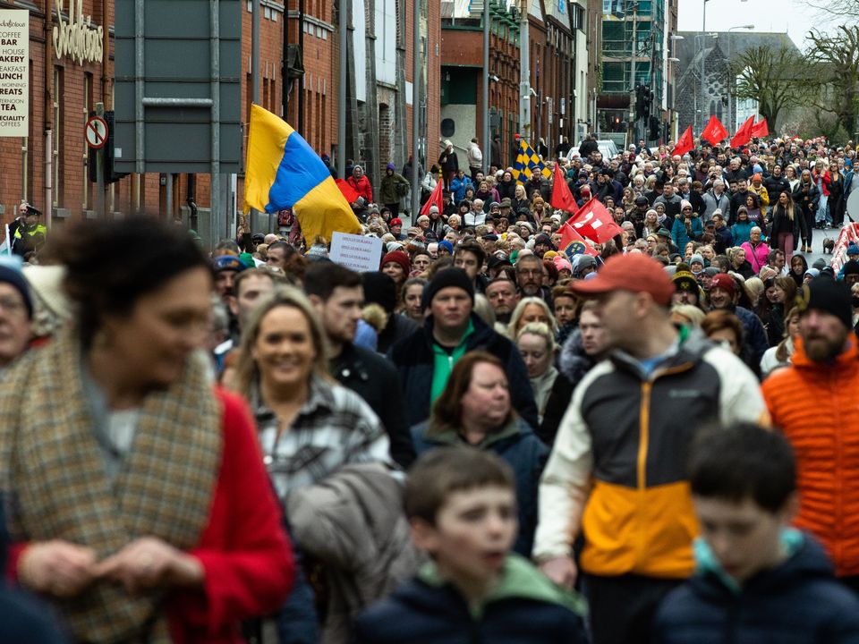 Crowds take to the streets of Limerick to protest over severe overcrowding at UHL. Pic: Mark Condren