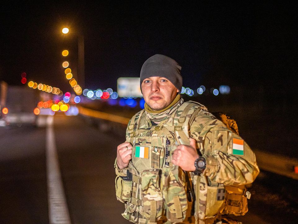 Rhys Byrne from Santry in Dublin on his way to join the Ukrainian forces to fight the Russian invasion at the Korczawa border crossing in Poland. Photo: Mark Condren