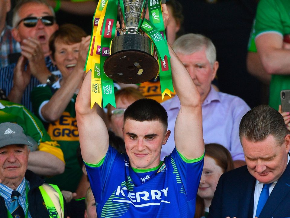 Sean O’Shea of Kerry lifts the cup after the Munster SFC final win over Limerick at Fitzgerald Stadium in Killarney. Photo by Diarmuid Greene/Sportsfile