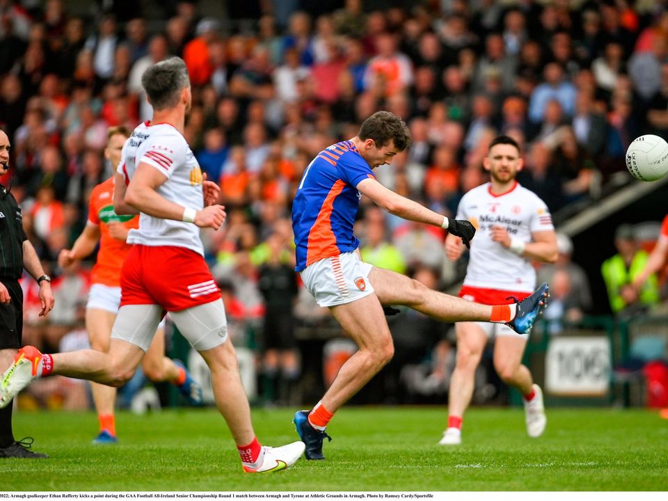 Armagh goalkeeper Ethan Rafferty kicks a point during the All-Ireland SFC Round 1 qualifier against Tyrone at the Athletic Grounds in Armagh. Photo by Ramsey Cardy/Sportsfile