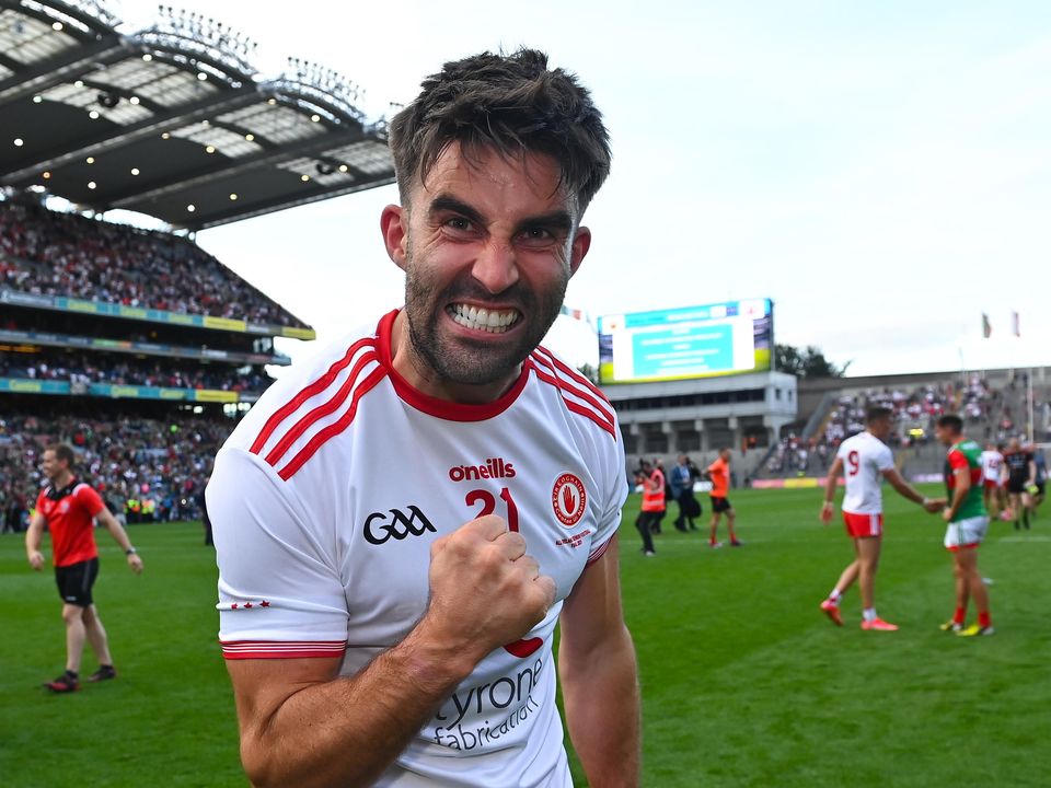 Tyrone's Tiernan McCann celebrates after his side's victory in the 2021 All-Ireland SFC final against Mayo at Croke Park. Photo: Piaras Ó Mídheach/Sportsfile