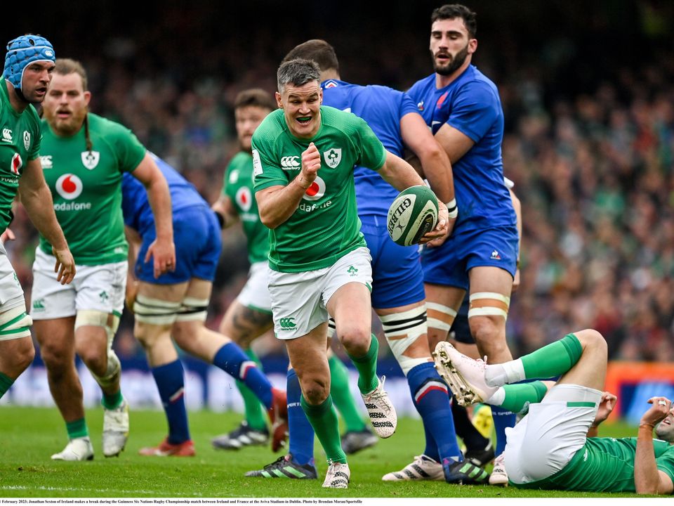 11 February 2023; Jonathan Sexton of Ireland makes a break during the Guinness Six Nations Rugby Championship match between Ireland and France at the Aviva Stadium in Dublin. Photo by Brendan Moran/Sportsfile