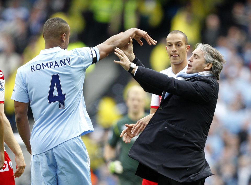City manager Roberto Mancini (right) argued with players as the pressure increased (Peter Byrne/PA)
