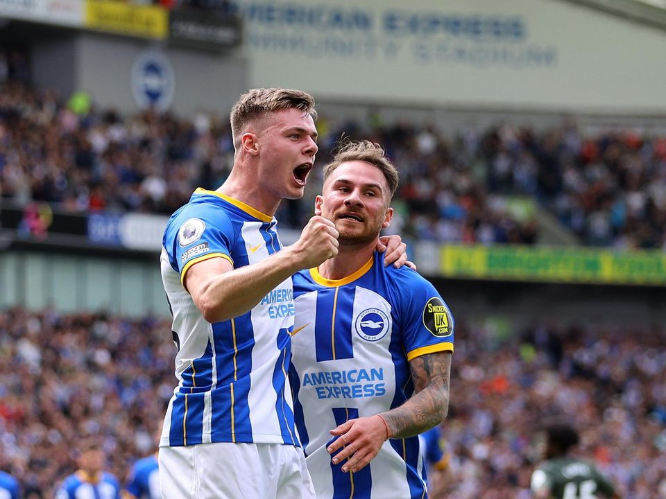 Evan Ferguson of Brighton & Hove Albion celebrates with former teammate Alexis Mac Allister after scoring during the Premier League clash against Southampton at American Express  Community  Stadium last month
