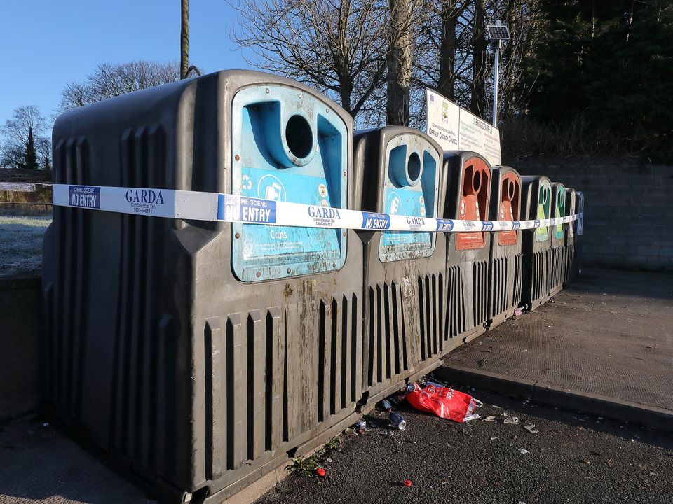 A bottle bank which has been sealed off by gardaí as they continue to gather evidence as part of the Ashling Murphy murder investigation. Picture Credit: Frank McGrath