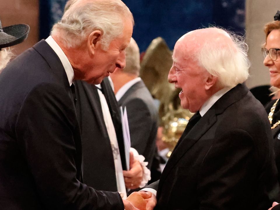 King Charles III meets President Michael D Higgins (right) as they attend a Service of Reflection for Queen Elizabeth II at St Anne's Cathedral in Belfast. Picture  Liam McBurney/PA Wire
