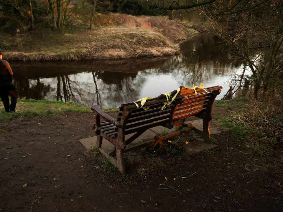 Ribbons are seen on a bench where the phone of missing woman Nicola Bulley was found, in Lancashire, Britain, February 19, 2023. REUTERS/Phil Noble