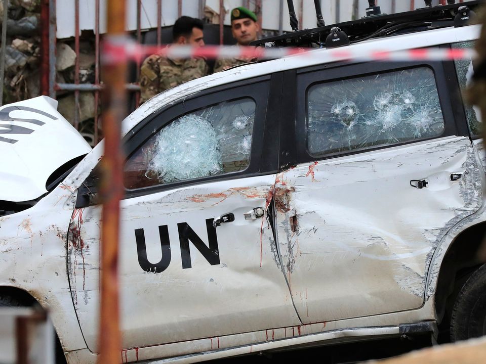 The damaged UN peacekeeper vehicle which came under attack. Photo: AP
