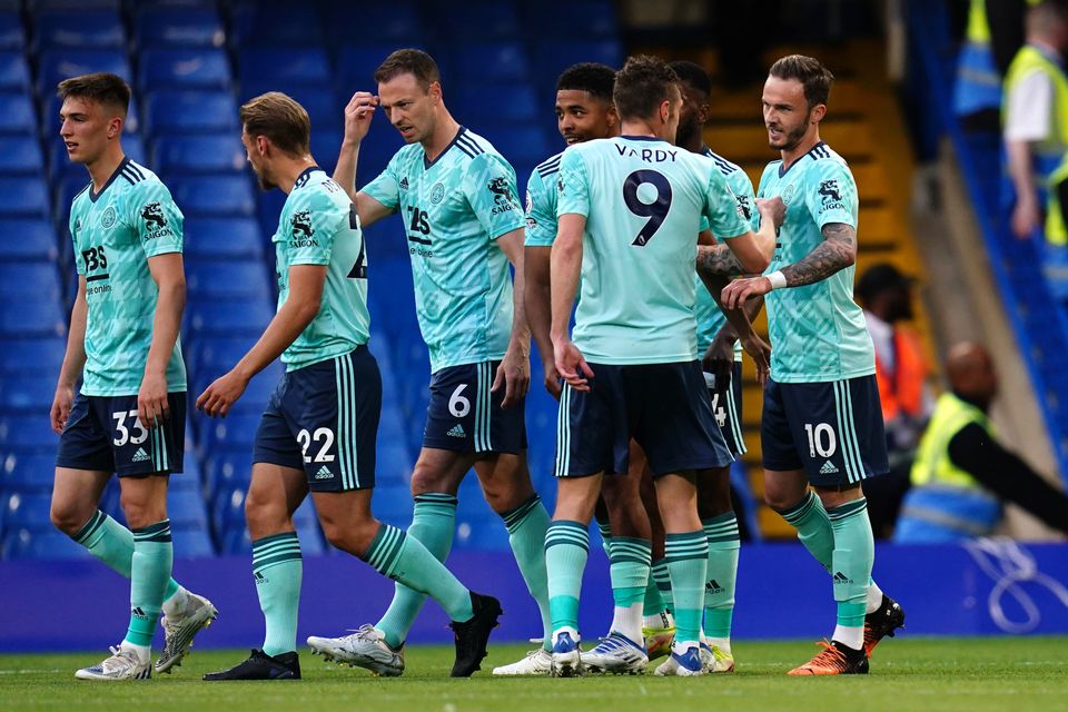 Leicester’s James Maddison (right) celebrates his opener with team-mates (PA)