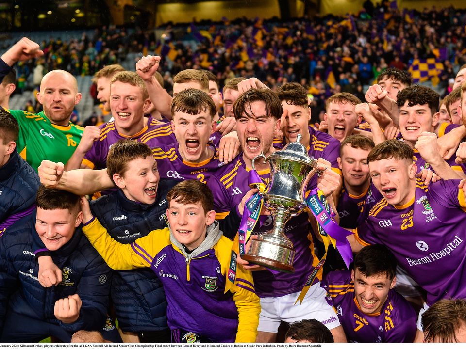 Kilmacud Crokes players celebrate after the All-Ireland Club SFC final against Glen at Croke Park. Photo: Daire Brennan/Sportsfile