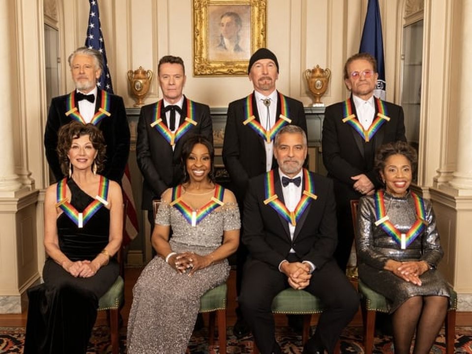 (L-R top row): U2 members Adam Clayton, Larry Mullen Jr, The Edge, and Bono and (L-R bottom row) Amy Grant, Gladys Knight, George Clooney, and Tania León at the dinner in Washington DC on Saturday night. Photo: Gail Schulman