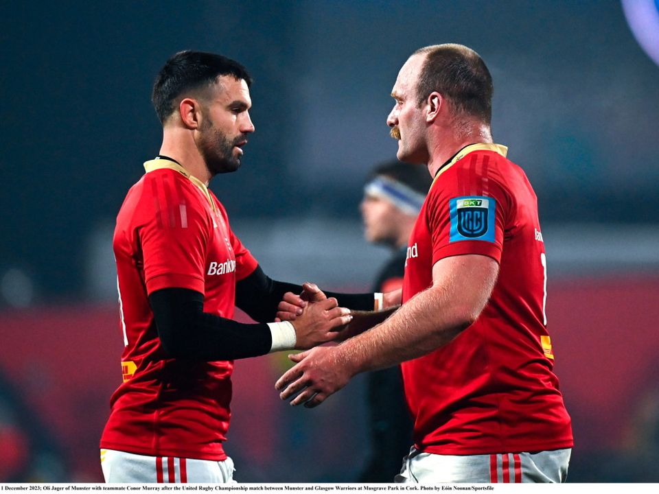 Oli Jager of Munster with teammate Conor Murray
