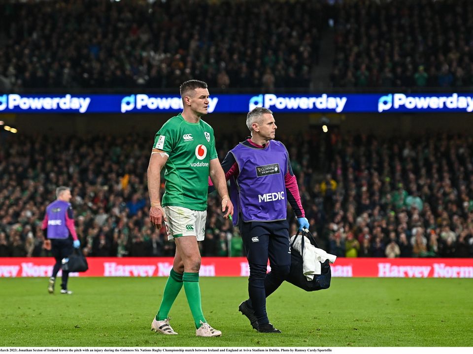Johnny Sexton leaves the pitch with an injury against England