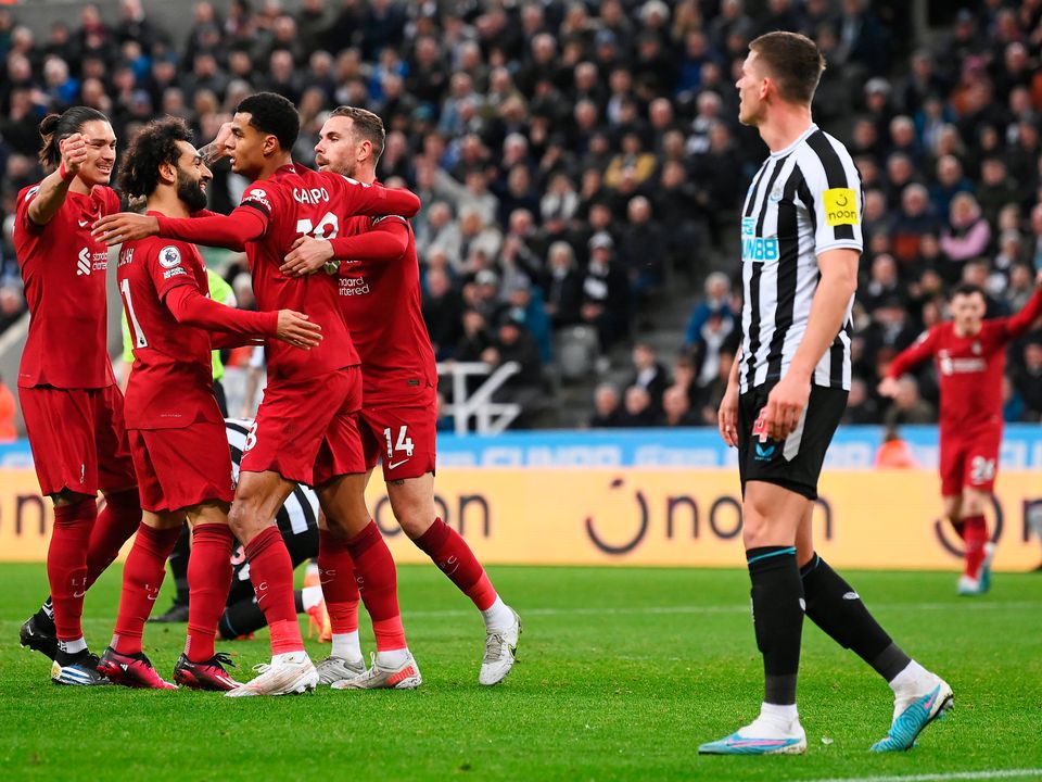Cody Gakpo celebrates with teammates after scoring Liverpool's second goal against Liverpool. Photo: Stu Forster/Getty Images