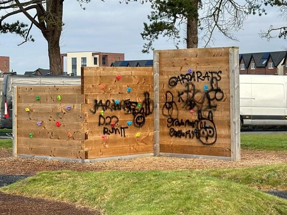 Vandals wrote the words 'garda rats' on the public climbing wall