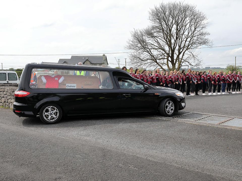 The hearse carrying the remains of Kate Moran arriving at the Church of The Sacred Heart in Ryehill, Monivea, Co Galway. Picture: Frank McGrath
