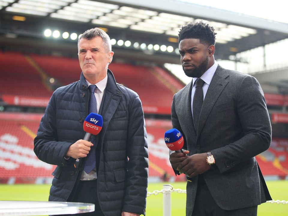 LIVERPOOL, ENGLAND - OCTOBER 03: Sky Sports television pundits Roy Keane (L) and Micah Richards look on before the Premier League match between Liverpool and Manchester City at Anfield on October 3, 2021 in Liverpool, England. (Photo by Simon Stacpoole/Offside/Offside via Getty Images)
