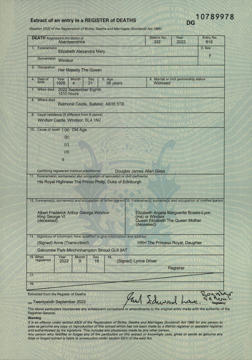 Photo issued by National Records of Scotland of the death certificate of Queen Elizabeth II which reveals that her cause of death was old age